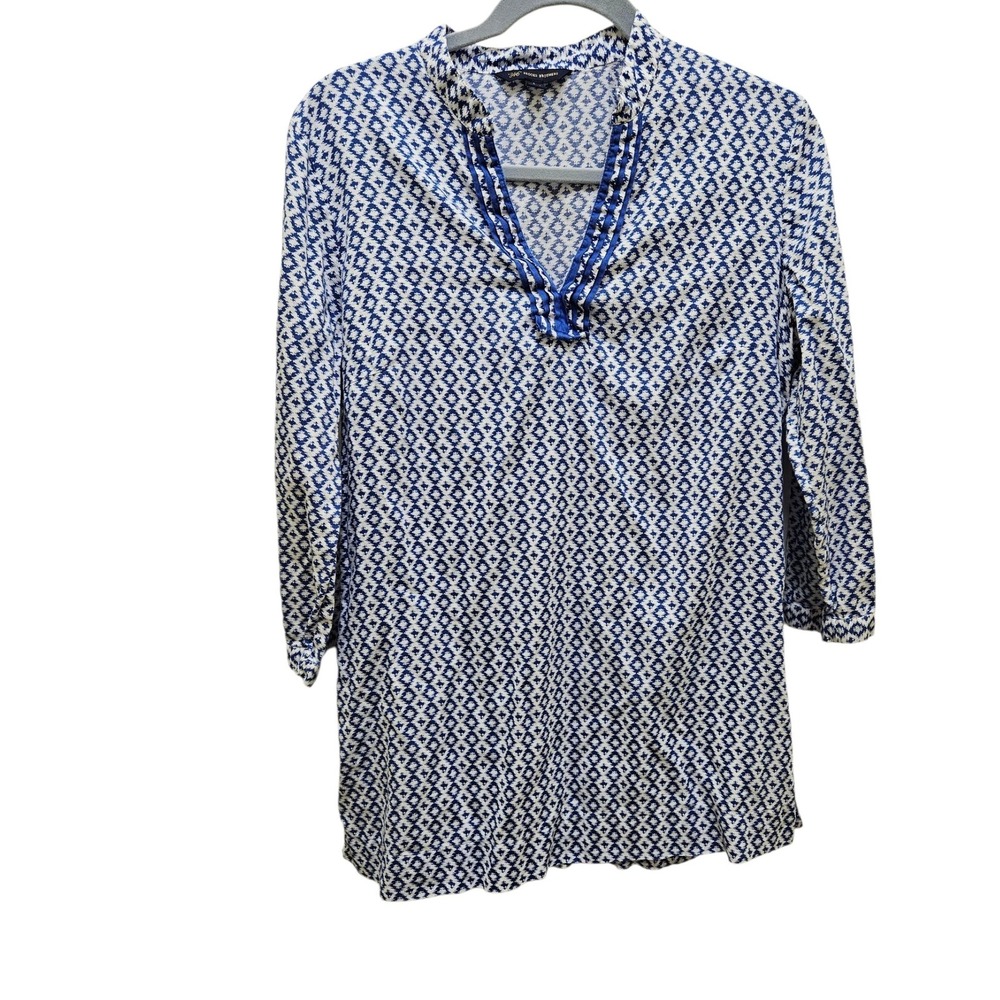 Brooks Brothers Tunic Top Geometric Print 3/4 Sleeve Blouse Blue White Women's L